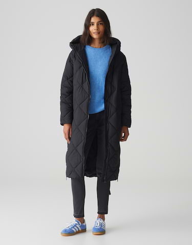 Black quilted coat with hood on sale